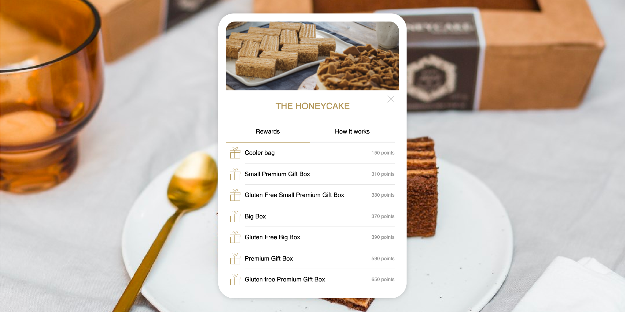 HoneyCakes loyalty program overlaid on a product photo