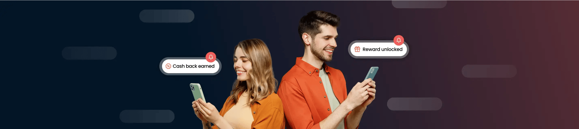 Man holding phone with reward unlocked notification and woman holding phone with cash back notification Man holding phone with reward unlocked notification and woman holding phone with cash back notification