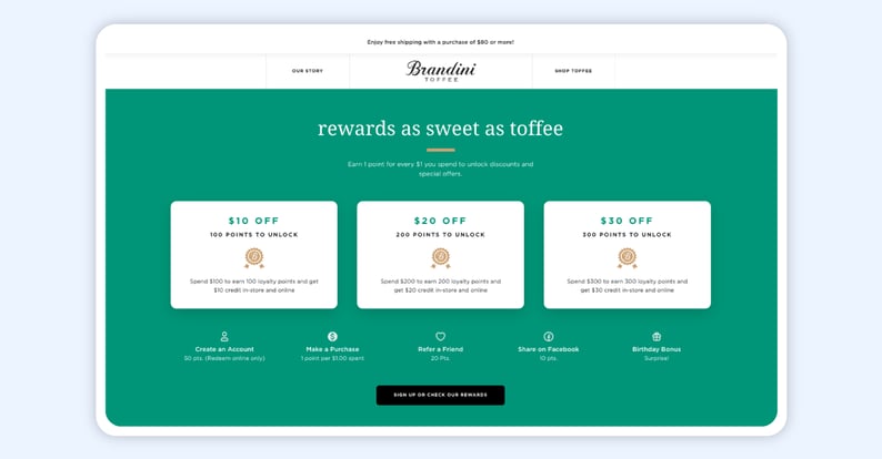 Brandini Toffee rewards page with $10, $20, $30 off tiers and earn actions