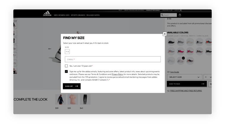 Adidas.com sends back in strock emails