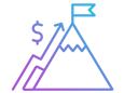 Icon of a mountain with a flag at the top and a trending graph and dollar sign