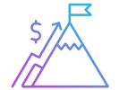 Icon of a mountain with a flag at the top with a money and trending graph next to it Icon of a mountain with a flag at the top with a money and trending graph next to it