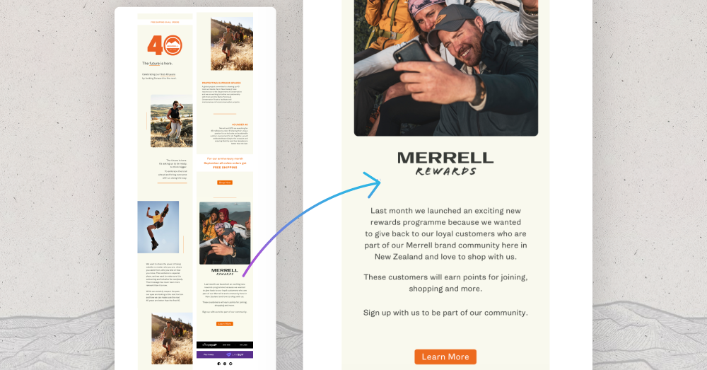 Merrell Rewards promo email example highlighting points and sign-up CTA