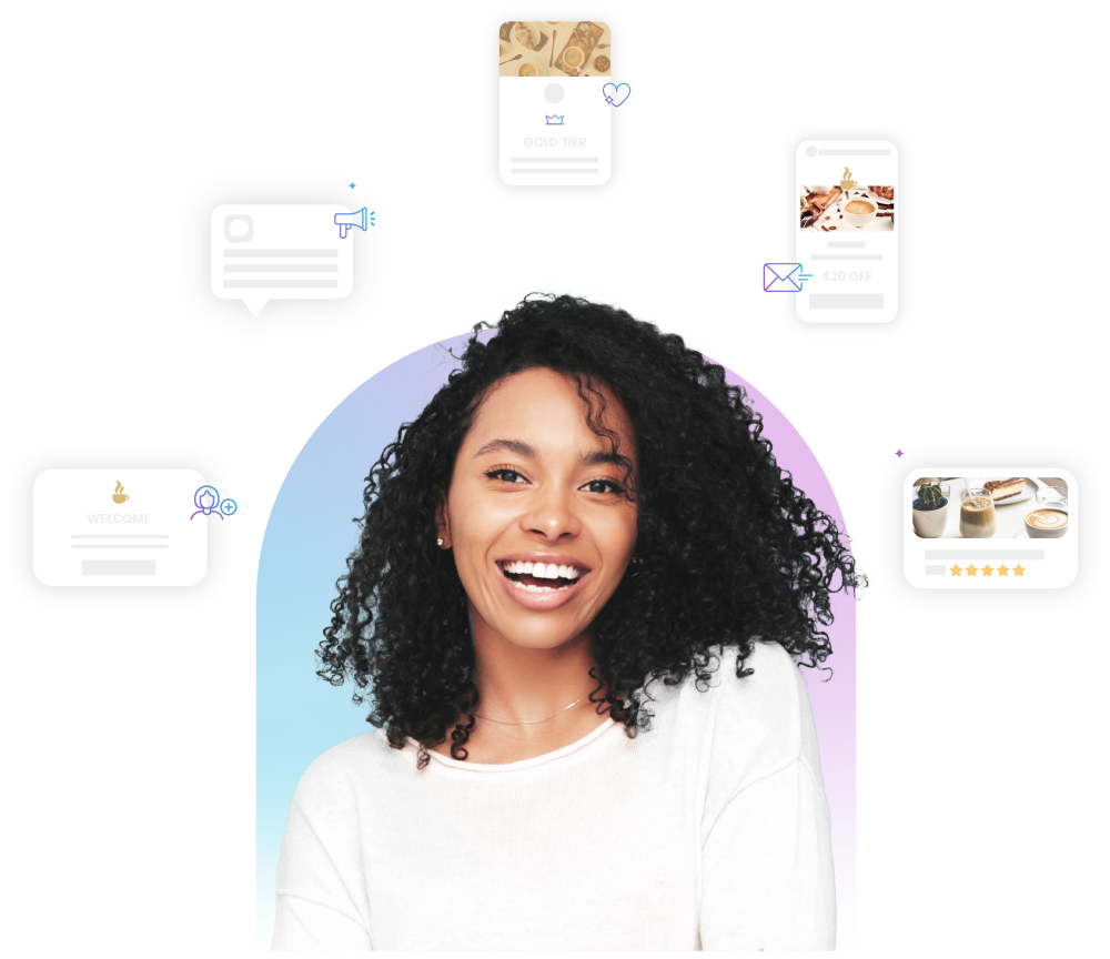 Happy woman surrounded by marketing features in the customer lifecycle flow