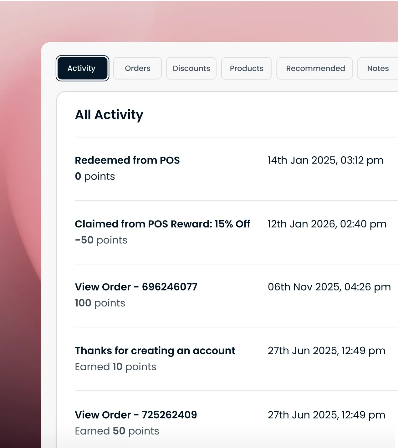 Loyalty program activity feed