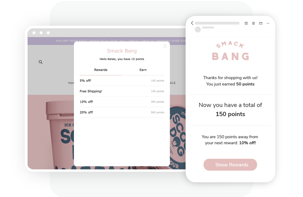 Loyalty widget showing available rewards and a points email