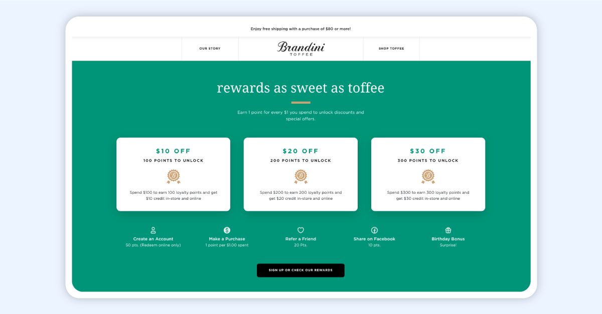 Brandini Toffee's loyalty rewards explainer page