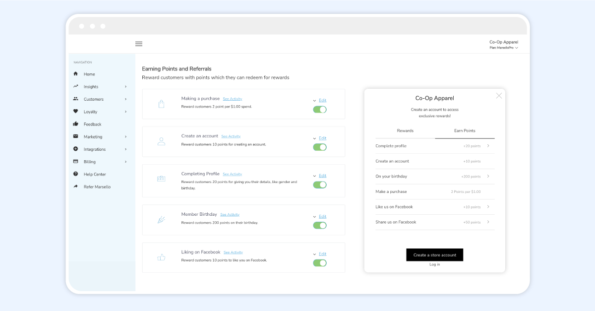 How to enable points earn options for loyalty with Marsello