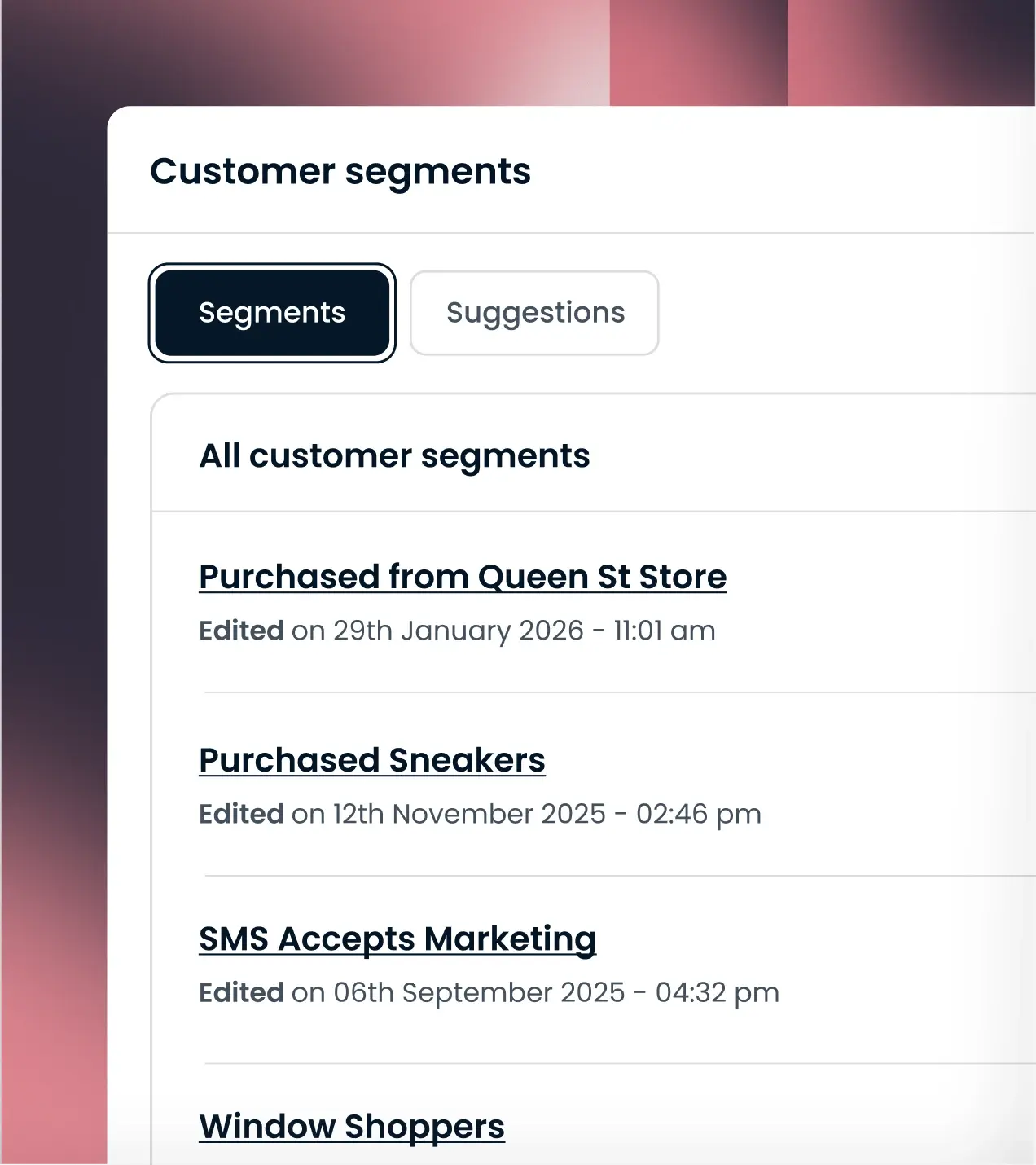 List of loyalty program custom segments