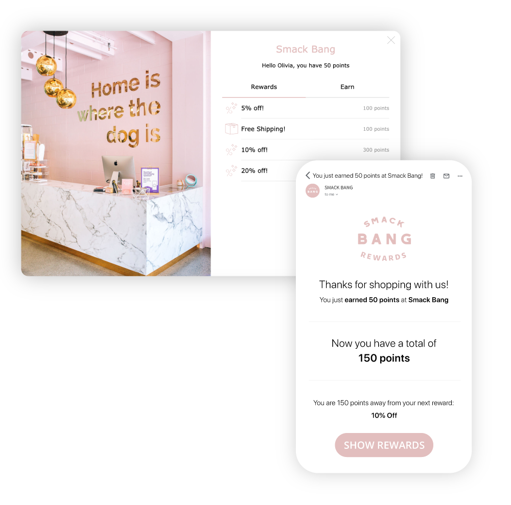 Smack-Bang-eCommerce-site-with-loyalty-widget-showing-rewards-and-points-notification-email