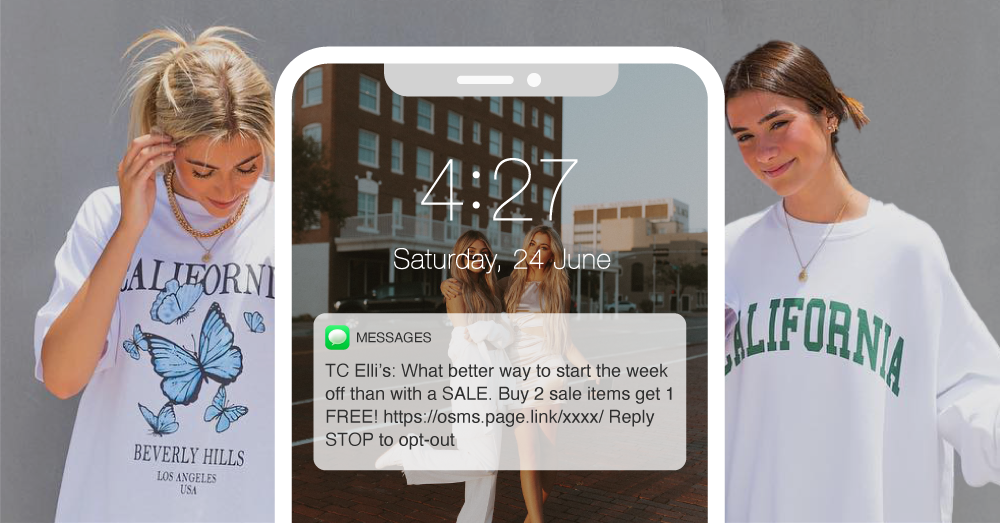 A promotional SMS campaign sent by T.C. Elli's is featured on a graphic of a phone screen overlaid on a banner of two woman modelling T.C. Elli's clothes.