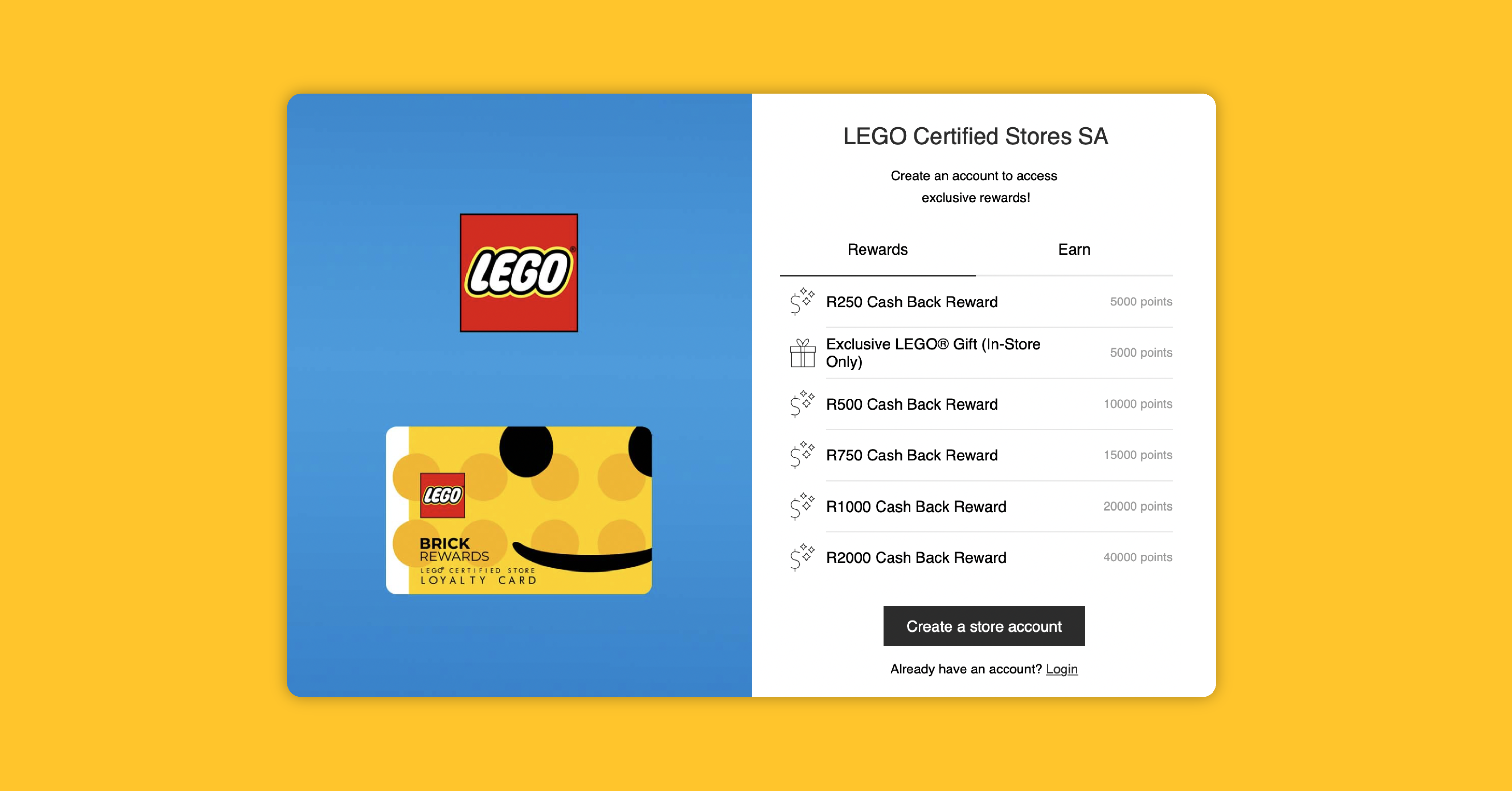 Lego's eCommerce loyalty widget with rewards showing